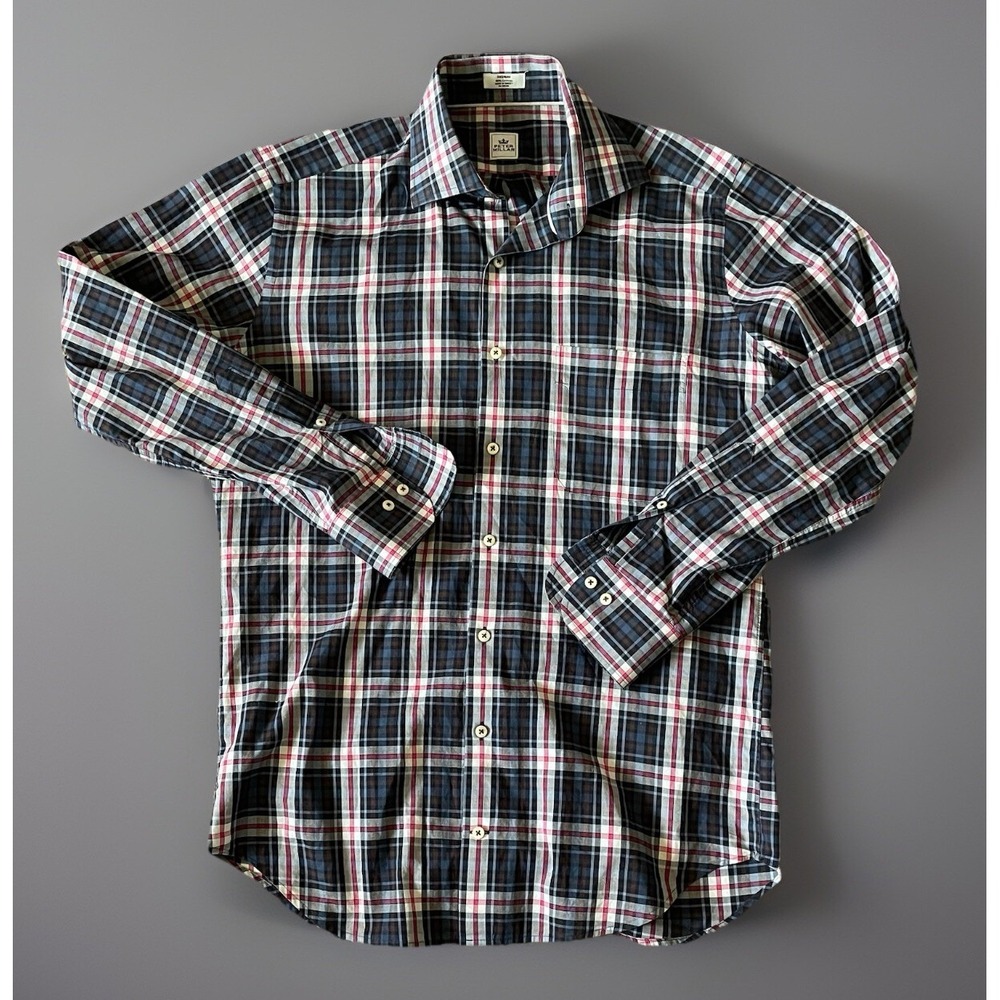 Peter Millar Long Sleeve Button Down Collared Blue Pink Plaid Pocket Medium JBHS